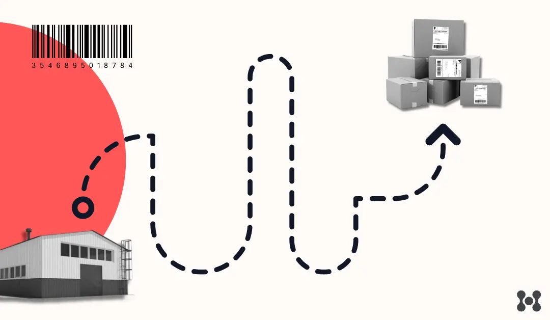 A stylized dotted line is shown with a beginning waypoint icon at a warehouse, and a finishing arrow at a stack of boxes, after following a winding route to delivery.