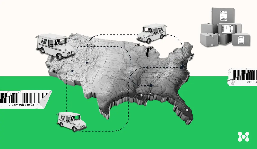 A map of the United States is shown in a black and white 3D cutout. </p>
<p>Above the map are multiple lines covering the map, portraying routes and waypoints. </p>
<p>Outside of the map are USPS delivery trucks, shown following the route lines.