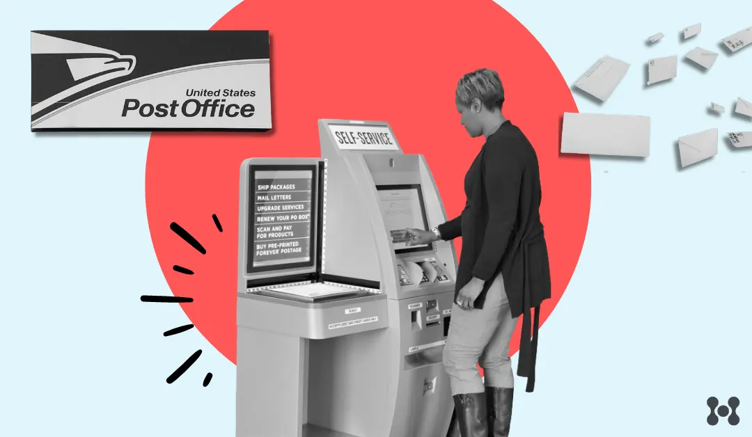 A woman is shown using a USPS self serve kiosk. The image is a black and white photo cutout over a stylized red circle and light blue background. 