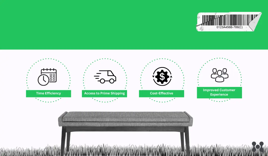 An infographic is shown with black and white grass and a padded bench. In the middle of the image are 4 icons representing time efficiency, access to prime shipping, cost-effective, and improved customer experience. 