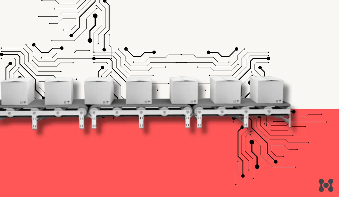 The benefits of a smart logistics warehouse are many. The image is split in half horizontally by solid colors on either side. On the top is a very light yellow, on the bottom is a solid red. In the middle, running horizontally through the image is a conveyor belt moving packages in a blur. This portion is photorealistic and superimposed on the colored background.