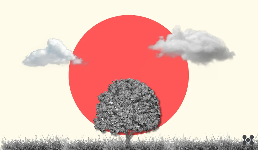 A very light yellow background is shown. In the center of the image, there is a large, solid red circle representing the sun. In the foreground, there is a black and white cutout of a tree. The tree's leaves are made of dollar bills.