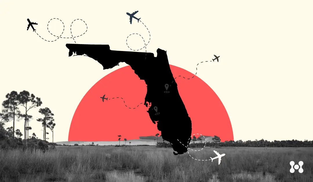 A black and white photo cutout of the Everglades is featured at the bottom of the image. A stylized, red sun is shown in the background as the sunset. A black cutout of Florida is shown in the foreground, with small airplanes shown flying out of the state.