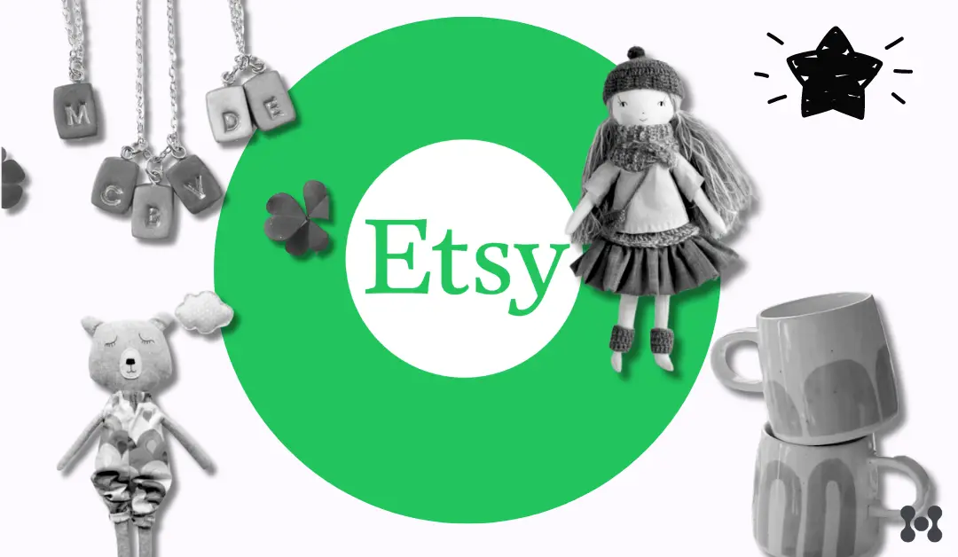 A green circle is shown encircling the Etsy logo. In the foreground there are black and white photorealistic images of a hand-made doll, a necklace, a knit teddy bear, and a mug representing items that are sold on Etsy.