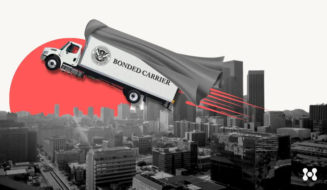A city scape is shown in black and white. The image of the city is a photo cutout. In the background there is a setting sun, solid red in color. In the foreground is a delivery truck marked "bonded carrier". This truck is shown flying with stylized red lines behind, showing motion. The truck is wearing a cape, flying upward like a super hero.