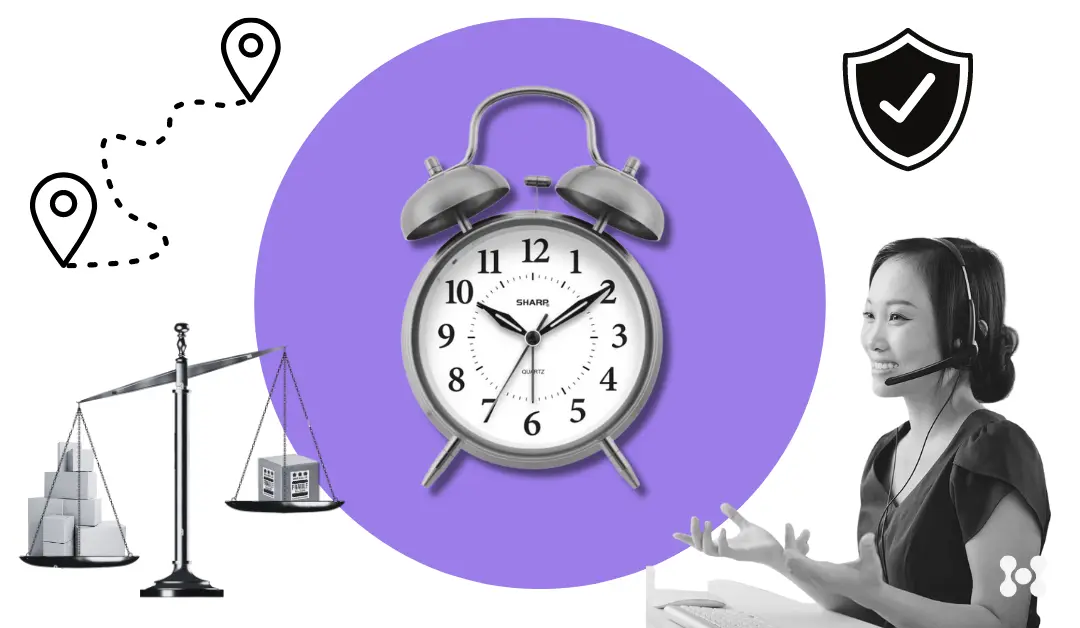 carrier-or-courier_2 The background of the image features a large, solid purple circle. In the foreground are several black and white images which are photo cutouts superimposed over the stylized background. </p>
<p>These include a woman with a headset speaking to a customer, an alarm clock, and an antique scale with packages on either end tipping the scale.