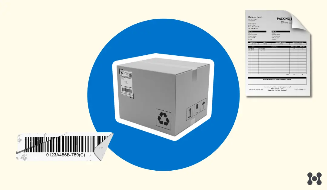 A light yellow background is shown, with a vivid blue circle in the center of the image. In the foreground over the blue circle, is a shipping box, while a delivery slip is shown enlarged up close adjacent to the box.