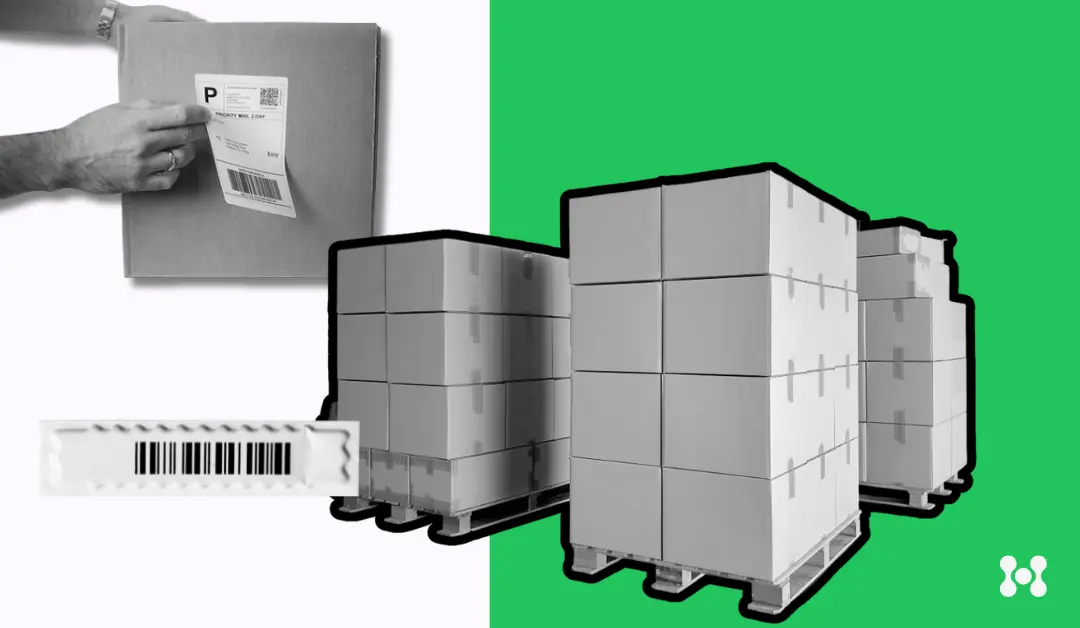 The image is split in half horizontally, with the left hand side showing a white background while the right is a vivid green. In the foreground, there is a close up of a black and white photo cutout, showing a shipping label being applied to a box. On the right hand side, there is a large stack of boxes on pallets, also shown as a black and white photo cut-out.