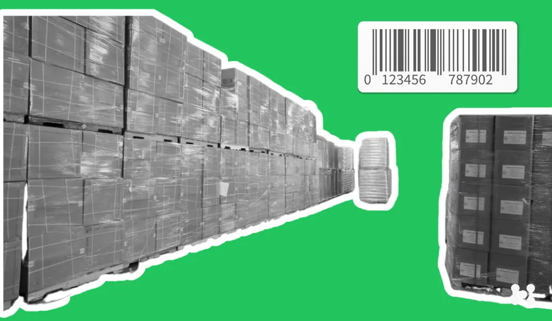 A vivid green background is shown. In the foreground, there is a large stack of boxes shown as a black and white photo cut-out. The image extends into the distance from left to right. 