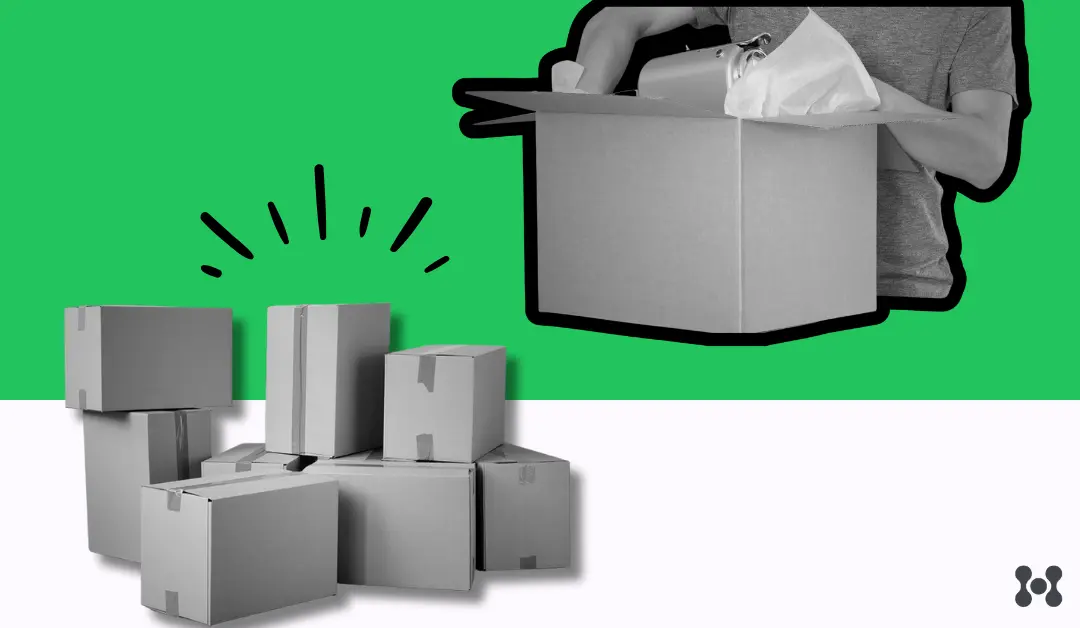 A green and white background is shown, split horizontally. At the bottom left corner of the image, there is a black an white cutout of a stack of boxes. At the top right, there is a black and white cutout , showing a close up of an individuals hands packing at item for shipment. 