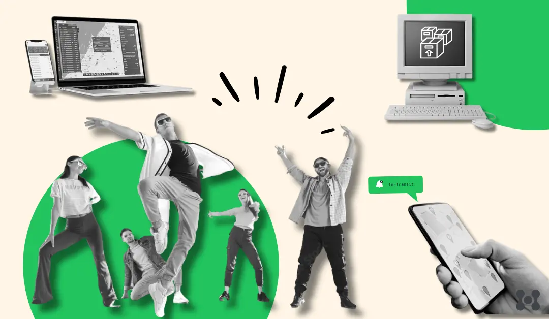 A light yellow background is shown, with stylized green circles also in the background. In the foreground there are black and white photo cutouts of a hand holding a cell phone, several people dancing, and a computer shown with a map signifying that an item is in transit.