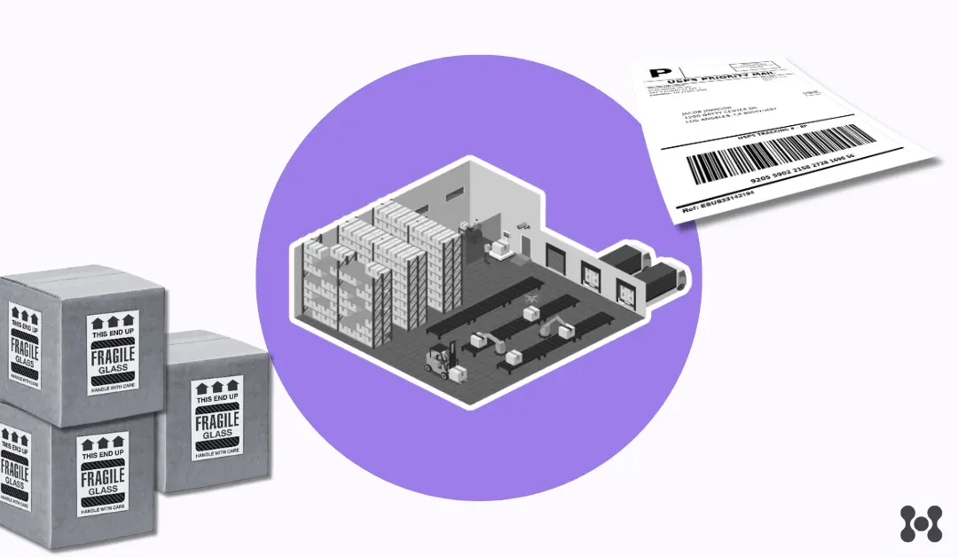 An extremely light, off-purple background is shown with a bold, dark circle in the center. Within the circle is a black and white 3d image of a warehouse. In the bottom left corner there are several packing boxes stacked and a shipping slip in the top right corner.
