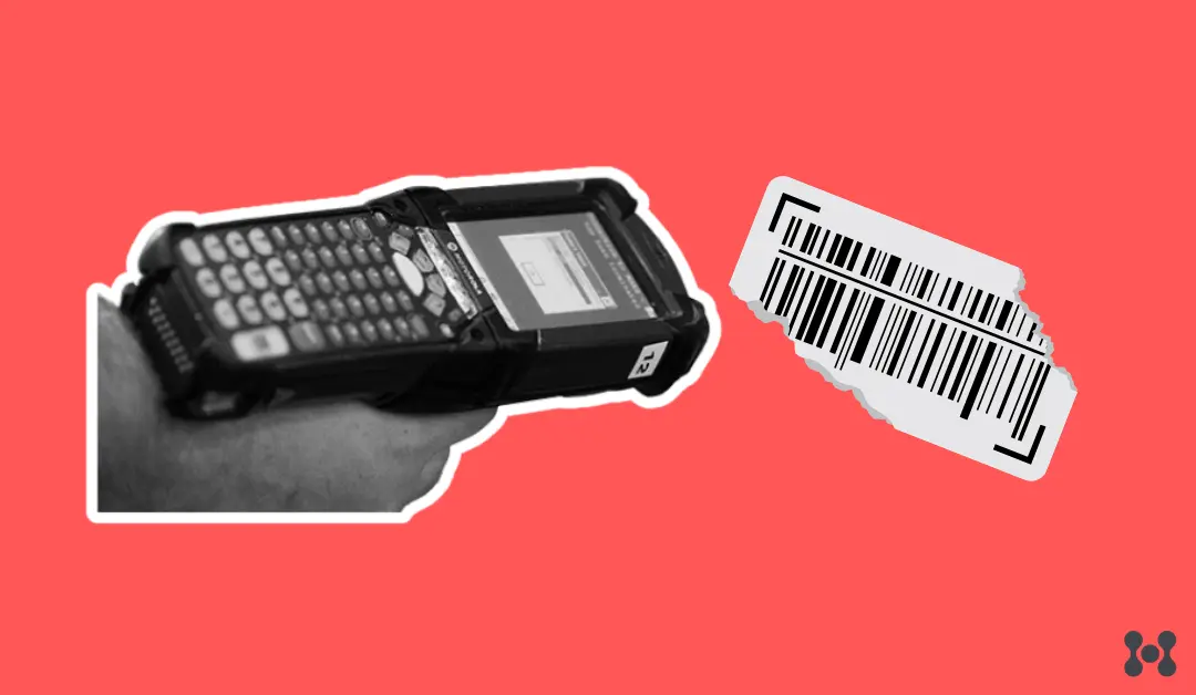 A solid red background is shown, with a black and white photo cutout of a closeup of an RF scanner in hand. The scanner is pointed at a barcode label.