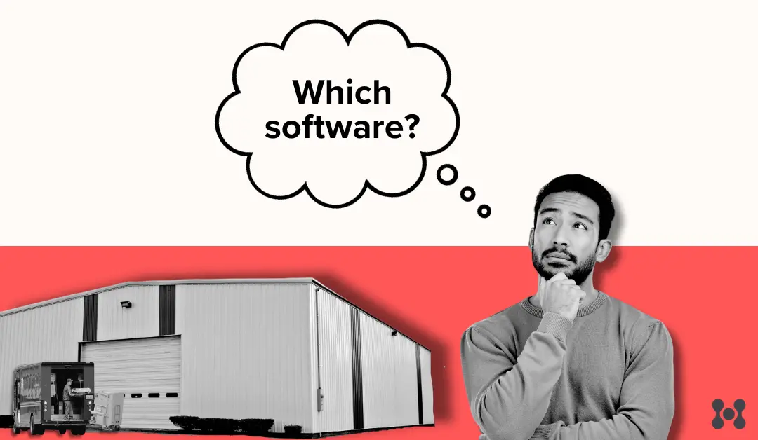 An off white background is shown, along with a vivid red. The background of the image is divided between the two colors horizontally. In the foreground, there is a black and white photo cut-out of a warehouse and a man with a thought bubble that says: "which software?"