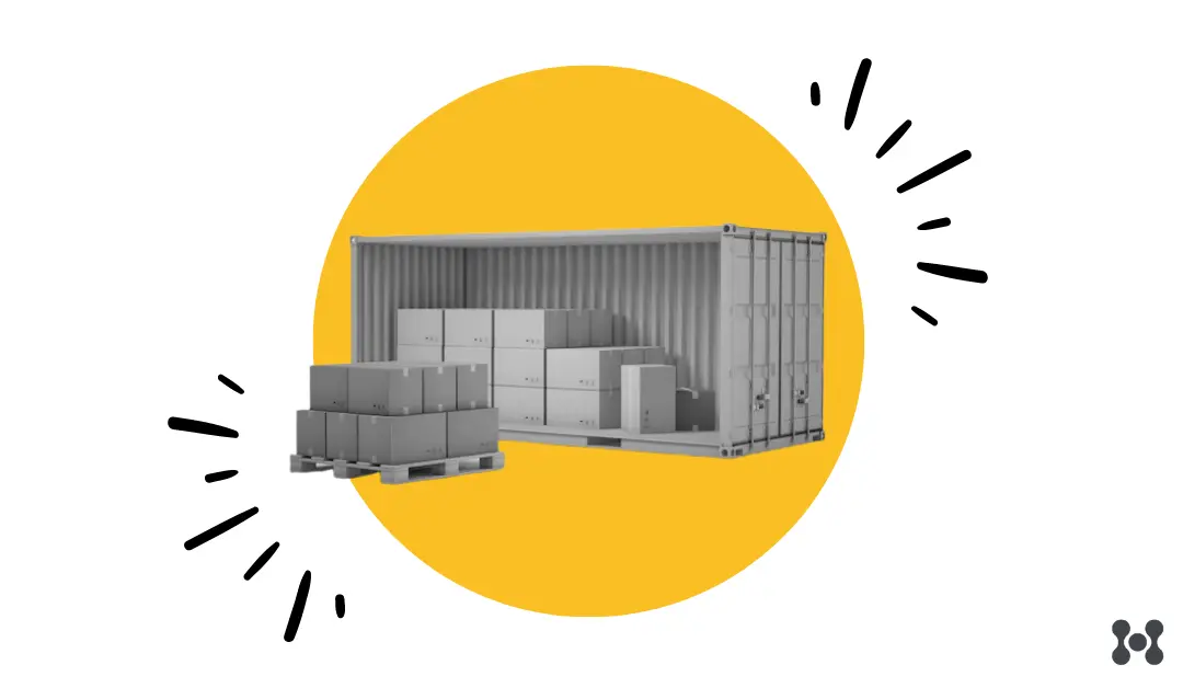 short-shipped_02 (1) A solid yellow circle fills the center of the image. Set within this image is a black and white photo cut-out of a half-filled shipping container, representing the shipment being short shipped.
