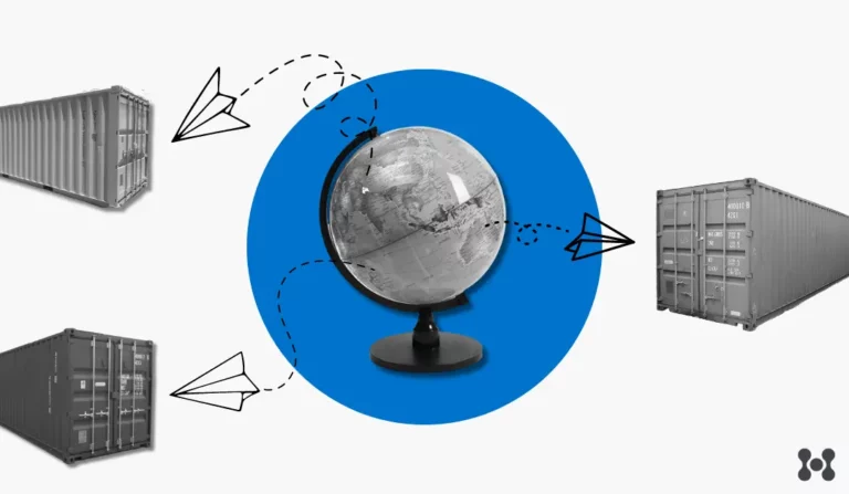 A large blue circle encompasses the center of the image. In the foreground, set within the circle is a clack and white photo-cutout of a globe. From the globe there are dotted lines trailing paper airplanes that are each heading to different shipping containers.
