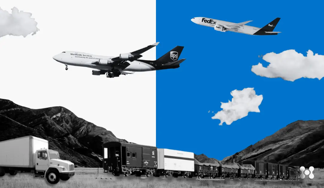 The background of the image is split in half vertically, with a very light blue-gray on the left hand side, and a more vibrant, solid blue on the right.<br />
In the foreground are black and white cutouts showing different kinds of freight. This includes a UPS and FedEx plane, as well as a delivery truck, and a train. 