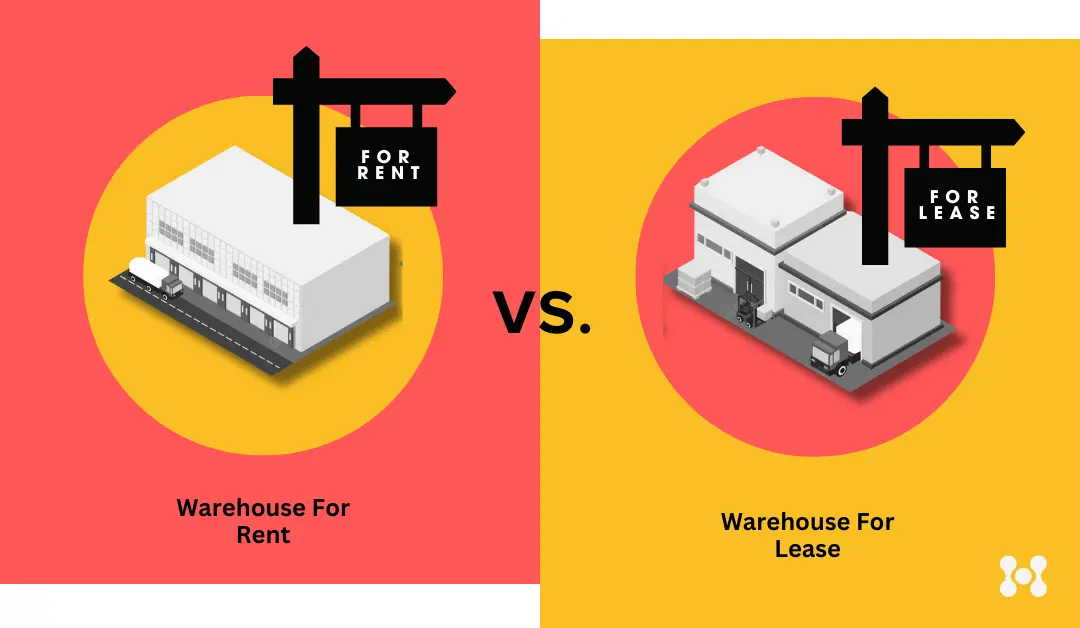 An image is shown in a graphic design style, using bright yellow and red. On either side of the page we see a warehouse, and on the left a sign above the warehouse says: "warehouse for rent," while the other side says: "warehouse for lease."