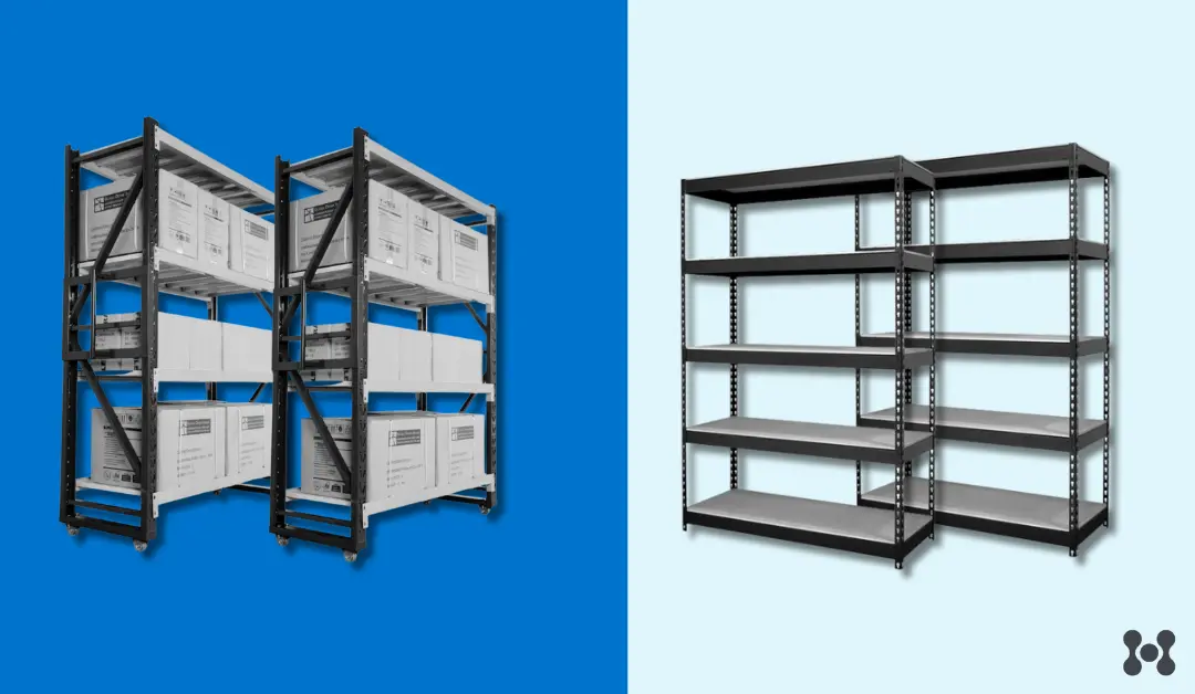 The image is split in half horizontally, with backgrounds of solid light blue on one side and a darker solid blue on the opposite.<br />
On the left hand side There are storage shelves that are loaded full with boxes.<br />
On the right hand side, there are similar shelves, however the shelves themselves are completely bare. 