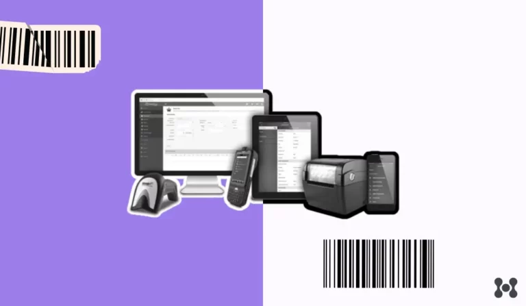 A solid purple background is shown. In the foreground there are black and white photo cutouts of a computer screen, a tablet, and a cell phone with handheld scanning devices.