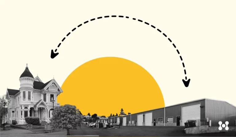 A light yellow background is shown, with a deep yellow circle representing a sunrise. In the foreground there is a black and white photo cutout of a home, being shown to be close to a warehouse with an arrow and dotted line connecting both buildings.