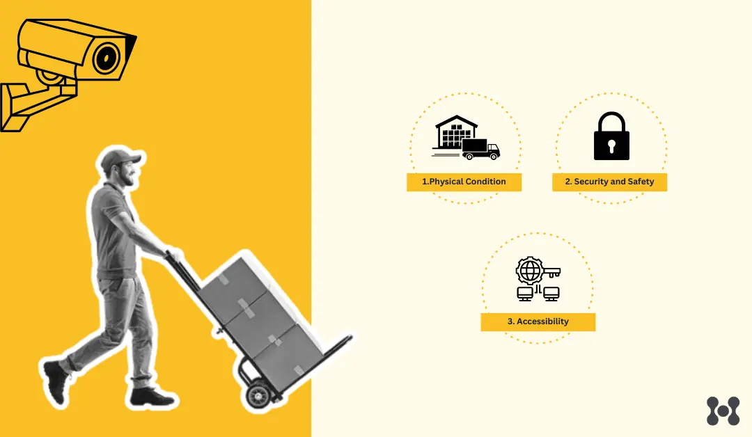 warehouses-for-lease-near-me_2 The image is divided horizontally by a light yellow and dark yellow background. A deliveryman walks with a dolly, stacked with several shipping boxes.